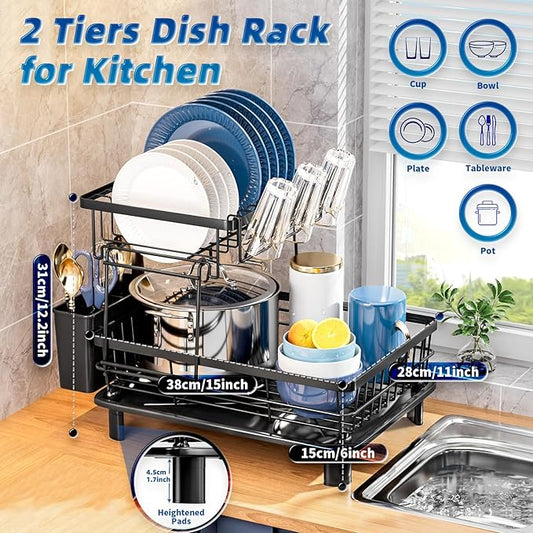 GAOKASE Dish Drying Rack, Stainless Steel-Dish Rack, Dish Racks for Kitchen Counter, Kitchen Dish Drainers with Removable Utensil Holder,New Drain Outlet,Plate Rack and Drainboard (Black 3)