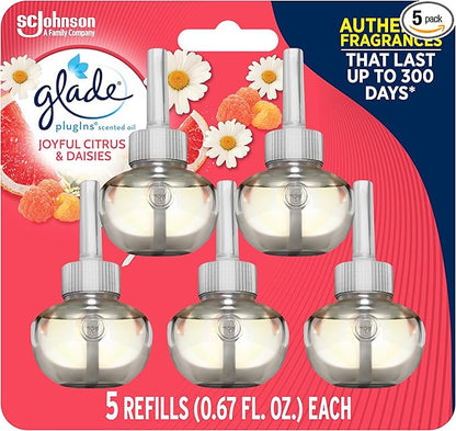 Glade PlugIns Refills Air Freshener, Scented and Essential Oils for Home and Bathroom, Joyful Citrus & Daisies, 3.35 Fl Oz, 5 Count