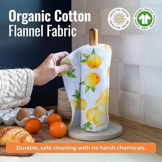 Zero Waste Reusable Paper Towels, Organic Cotton Flannel Wipes for Kitchen, Bathroom, Hand Drying, Pet Messes, and Counter Cleaning, Lemons, 24-Pack Gift Set