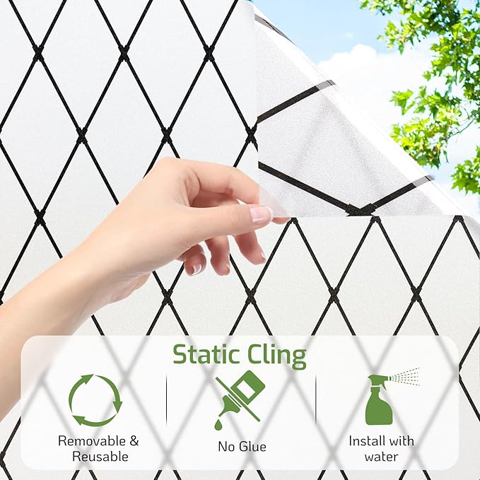 LUTE Frosted Window Privacy Film, Static Cling UV Sun Blocking Heat Control Window Cover, Removable Non-Adhesive Glass Sticker Vinyl Decorative Bathroom Frosting Decals, Black Lattice, 17.5" x 118.1"