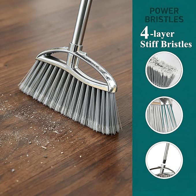 Metal Dustpan and Heavy Duty Broom Set, Stand Up Dustpan with Outdoor Stiff Bristles Broom for Hardwood Patio Room Office Floor Sweeping