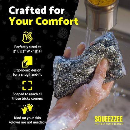 Squeezzee Soap Filled Scrubber Sponges - Non Scratch Scrubbing Sponge with Built-In Dishwashing Liquid Dish Soap - Double Sided Kitchen & Household Cleaning Scrubbers - Up to 300 Washes Per Sponge - 4