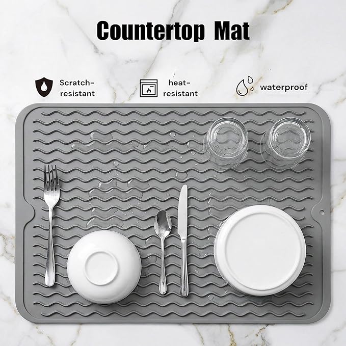 MicoYang Silicone Dish Drying Mat for Kitchen Counter or Sink, Refrigerator or Drawer Liner, Easy Clean, Eco-Friendly, Heat-Resistant, Grey, 16 inches x 12 inches