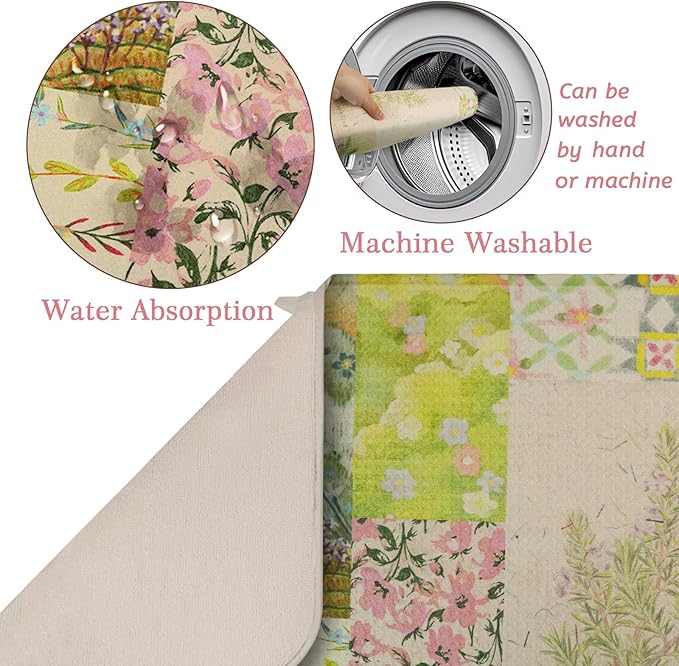 Floral Dish Drying Mat, Ultra Absorbent Microfiber Dish Drainer Mat Sage Green Plant Drying Mats for Kitchen Counter, Coffee Maker, 18 x 24 Inch