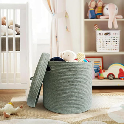 Storage Basket with Lid, Woven Blanket Storage for Living Room, Cotton Rope Bin with Lid, Round Wicker Laundry Basket with Cover, Lidded Kid Dog Toy Box, Nursery Organizer, 15"x13", Green