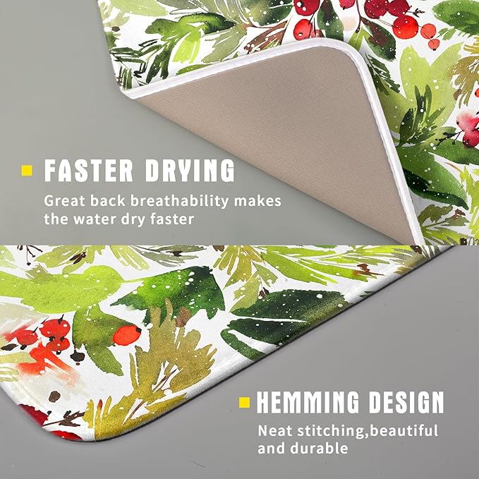 Watercolor Christmas Dish Drying Mat 16 x 18 Inch With Absorbent Reversible Microfiber Green Leaves Red Berry Xmas Drying Mats Winter Holiday Dish Drainer Mat Fast Dry For Kitchen Dining Room