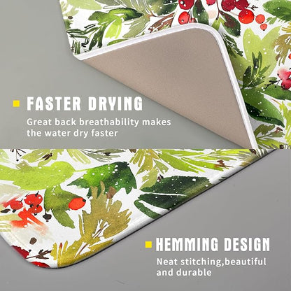 Watercolor Christmas Dish Drying Mat 16 x 18 Inch With Absorbent Reversible Microfiber Green Leaves Red Berry Xmas Drying Mats Winter Holiday Dish Drainer Mat Fast Dry For Kitchen Dining Room