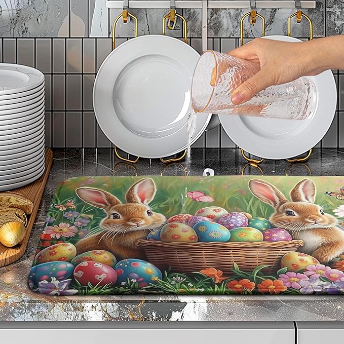 Easter Bunny Eggs Dish Drying Mat for Kitchen Counter 18x24 Inch Spring Easter Rabbit Flowers Large Drying Mat Microfiber Dish Drainer Rack Mats Absorbent Reversible Dishes Pad Dish Dryer Mat