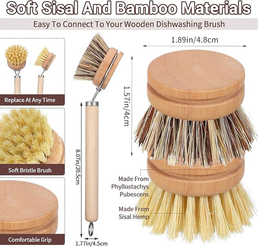 14pcs Dish Brush Replacement Heads Set with 2 Handles, 6 Sisal & 6 Coir Bristle Brush Heads for Kitchen Cleaning – Natural Wooden Scrubbers for Pots, Pans, Dishes – Eco Friendly