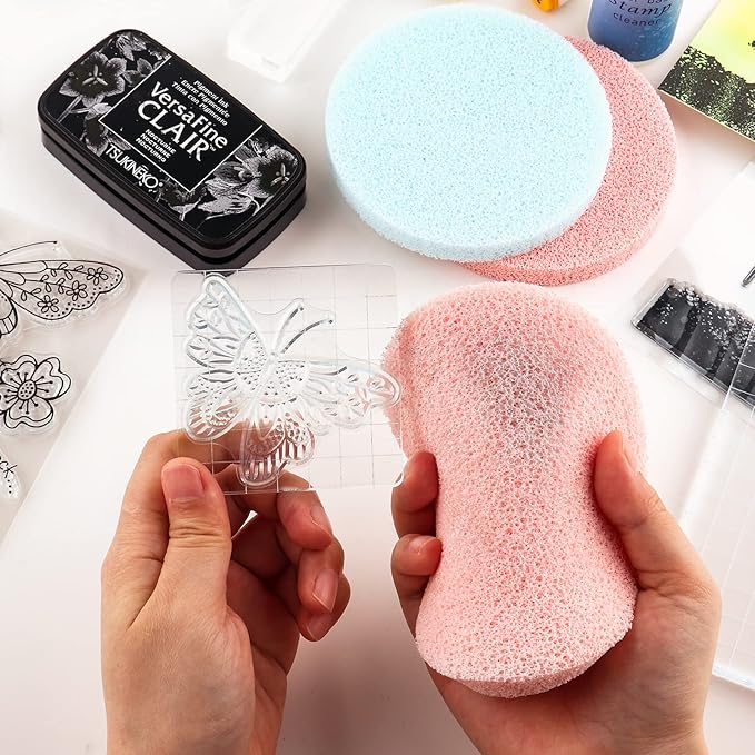BAOFALI 4 Pcs/Set Stamp Scrubber,Stamp Cleaning Sponge,Ink Removing Tool for Applicable to Stamp Cleaning Cloth Stamps Rubber Stamps,Stamp Positioners and Craft Supplies Tool （Light Blue）