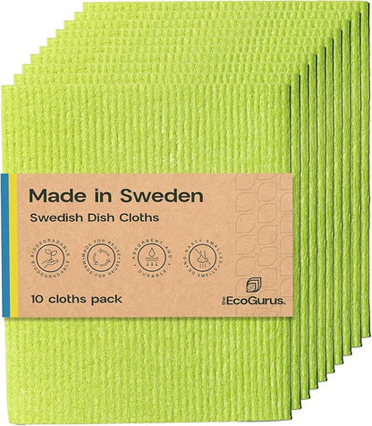 10 Pack Odour-Resistant Reusable Cleaning Cloths | Original Swedish Dishcloth | Made in Sweden | Suitable for All Surfaces | Biodegradable Cellulose Sponge | Kitchen & Bathroom | Green