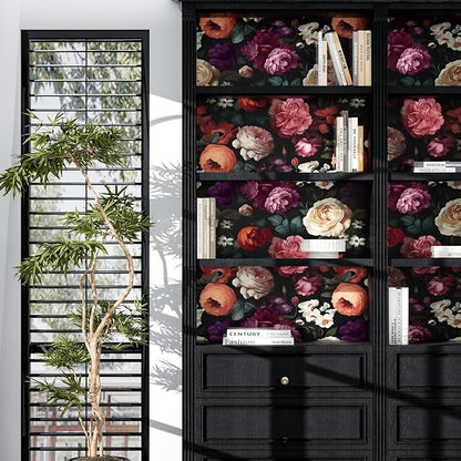 Fvlow Dark Floral Wallpaper Peel and Stick Vintage Colorful Flower Contact Paper 17.4" x 118" Black Floral Wallpaper Waterproof Self-Adhesive Wall Covering for Bedroom Countertop Desk Cabinet