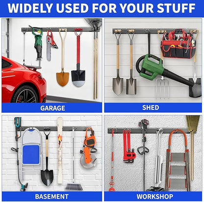 Garage Tool Organizer Wall Mount, 48inch Heavy Duty Garden Tool organizer Storage System, Easy Install With 6 Adjustable Straight Hooks, For Garage, Basement, Shed, Workshop(Black)