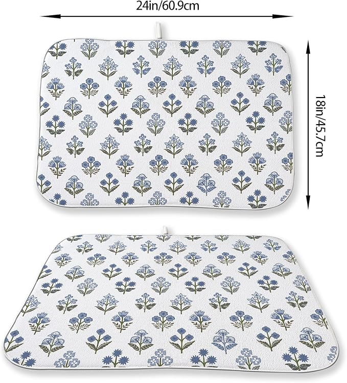 Blue Green Dish Drying Mat 18x24 Inch Vintage Block Print Floral Drying Mat Spring Summer Flower Seasonal Absorbent Dish Drying Pad Dish Rack Drainer Mats for Kitchen Dining Counter