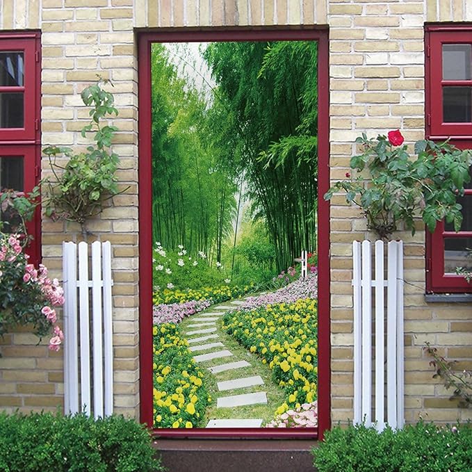 A.Monamour 3D Door Stickers for Interior Doors Garden Scenery with Flowers Trees and Path Nature Scenery Vinyl Waterproof Self Adhesive Door Mural Decals for Bedroom Office Bathroom 85x200cm