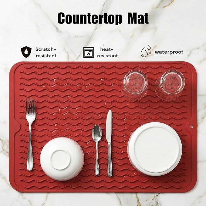 MicoYang Silicone Dish Drying Mat for Multiple Usage,Easy clean,Eco-friendly,Heat-resistant Silicone Mat for Kitchen Counter or Sink,Refrigerator or drawer liner Red L 16 inches x 12 inches