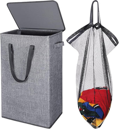 Odonata 75L Slim Laundry Hamper with Lid,Large Foldable Laundry Basket with Removable Bag and Handles Tall Collapsible Dirty Clothes Basket Great for Bedroom, Bathroom, Dorm, College,RV. (Grey, 75L)