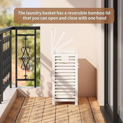 FILWH Laundry Hamper with Lid (16.9 * 13 * 26.5inches) Large Bamboo Laundry Bin Basket 85L Clothes Hamper with 1 Removable Bag Storage baskets for Bathroom (White)