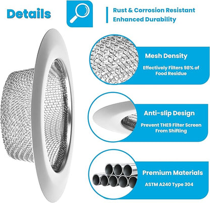 2 PCS Stainless Steel Sink Strainer with Large Wide Rim 4.5" Diameter, Mesh Metal Drain Strainer, Fine Mesh Kitchen Sink Strainer, Hair Basket Drain - Fits Most Kitchen Sink