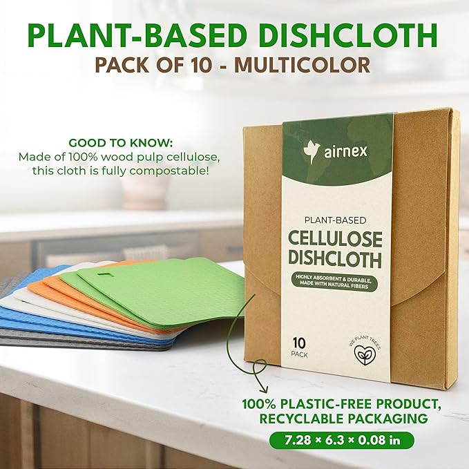 10 Pack Cellulose Swedish Dishcloths for Kitchen - Eco-Concious Reusable Dish Towels & Cloths - Super Absorbent, Odor Resistant and Fast Drying Wash Cloths for Dishes & Surfaces