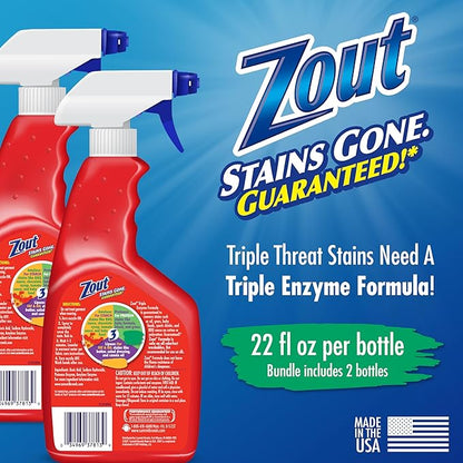 Zout Laundry Stain Remover Spray, Triple Enzyme Formula, 22 Ounce Bottles, 2-Pack