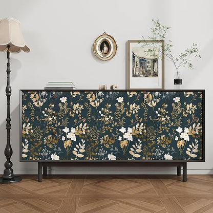 Laatse Navy Floral Wallpaper Peel and Stick Boho Wallpaper Vintage Blue/Gold Leaf Contact Paper Waterproof Self Adhesive Modern Wall Paper for Cabinet Walls Kitchen 17.5" x197"