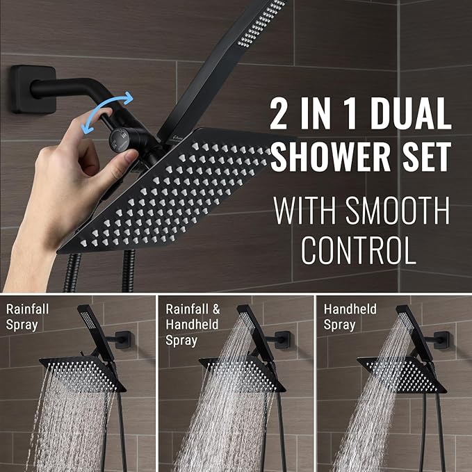 All Metal Shower Faucet Set, Dual Square Shower Head System with Handheld Wand, Diverter, Hose Complete Combo, Pressure Balance Rough-in Valve and Tub Spout Included (Matte Black)
