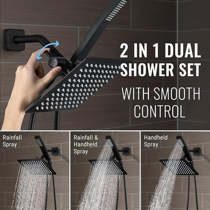 All Metal Shower Faucet Set, Dual Square Shower Head System with Handheld Wand, Diverter, Hose Complete Combo, Pressure Balance Rough-in Valve and Tub Spout Included (Matte Black)