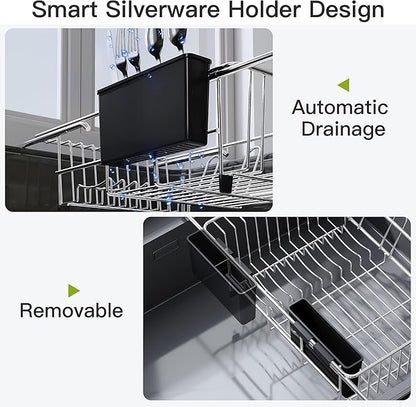 JASIWAY Dish Drying Rack in Sink, Expandable Stainless Steel Dish Drainers for Kitchen Counter, Dish Dryer Rack for Inside Sink, Over The Sink Dish Racks with Utensil Holder, Silver