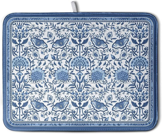 Blue Floral Dish Drying Mat for Kitchen Counter Boho Flowers Dishes Drainer Mats Rustic Farmhouse Microfiber Absorbent Dish Draining Spring Summer Reversible Dish Rack Pad Large 18x24 Inch