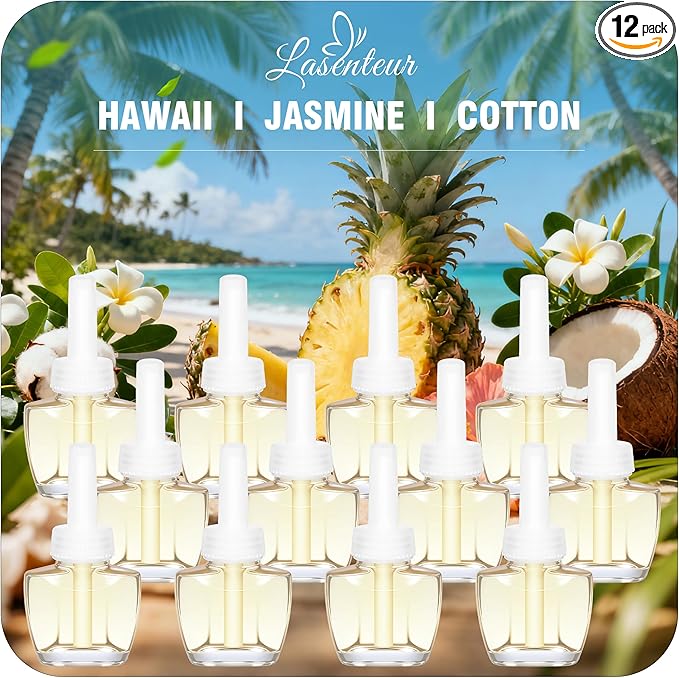 Plug In Air Freshener Refills for Home, Hawaiian, Jasmine & Cotton Scent for Bathrooms & Kitchen, 12 Count Plug Refill for Bedrooms, Office, Compatible with Air Wick & Glade, Not Include Glade Plus