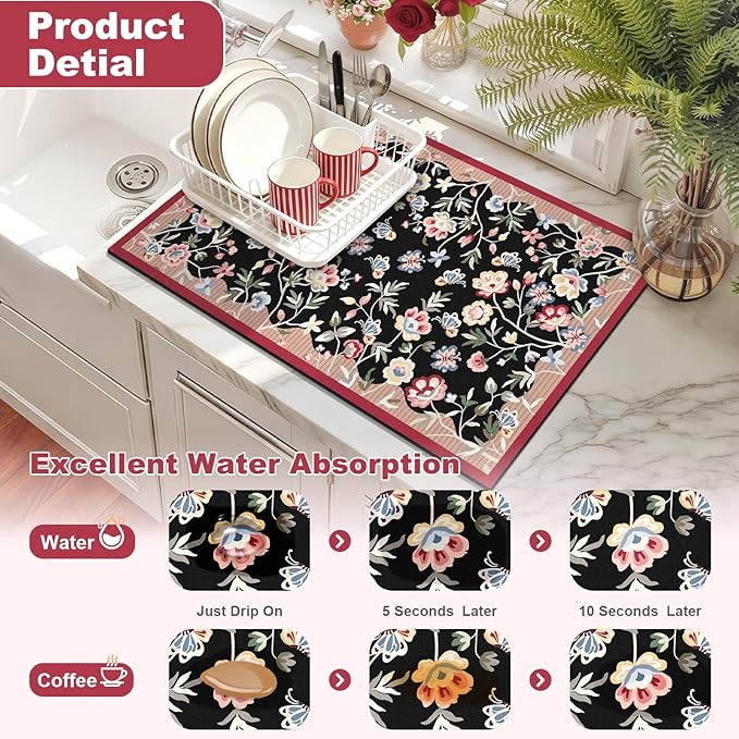 LOKHOM Floral Dish Drying Mat, 12"x20" Super Absorbent Non-slip Bordered Coffee Mat with Oil Painting Black Floral, Cuttable Hide Stain Drying Mat for Kitchen Counter Coffee Maker Espresso Machine