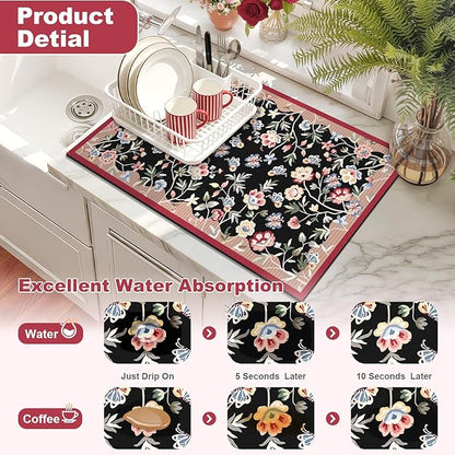 LOKHOM Floral Dish Drying Mat, 12"x20" Super Absorbent Non-slip Bordered Coffee Mat with Oil Painting Black Floral, Cuttable Hide Stain Drying Mat for Kitchen Counter Coffee Maker Espresso Machine