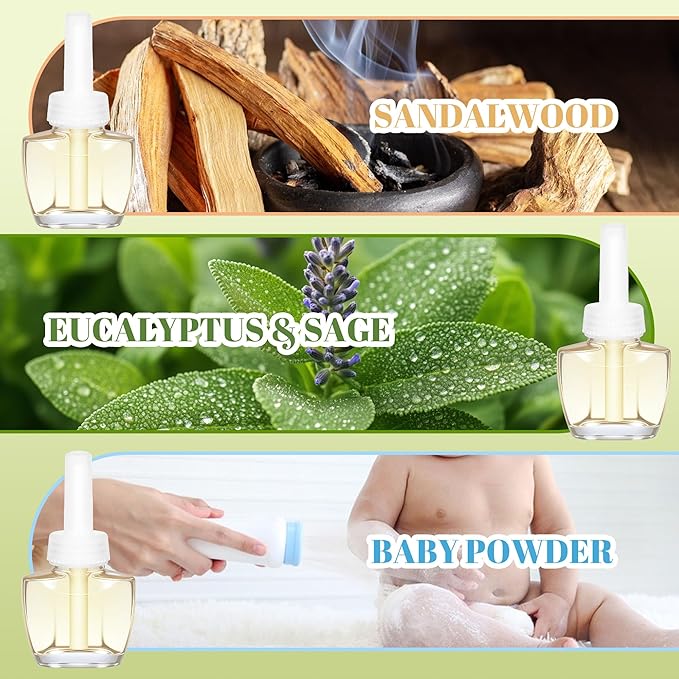 Plug In Air Freshener Refills for Home - Palo Santo & Eucalyptus Sage, Baby Powder Scent For Bedrooms & Bathrooms, 12 Count, 7.92 Fl Oz, Compatible with Air Wick & Glade, Not Include Glade Plus