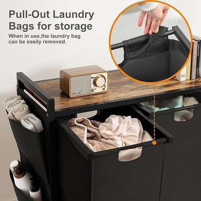 WOWLIVE 4-Compartment Laundry Hamper with Lid,Rolling Laundry Basket Organizer with Wheels, Iron-Made Laundry Sorter with Top Shelf and 4 Removable Bags,Large Clothes Storage for Room,Black