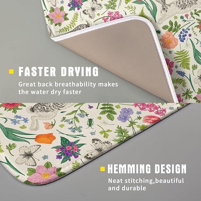 Spring Easter Dish Drying Mat for Kitchen Counter 16x18 Rabbit Bunny Green Pink Floral Vintage Print Absorbent Reversible Microfiber Drying Mats Kitchen Countertop Protector Dishes Drainer Rack Pad