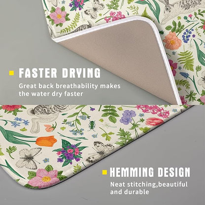 Spring Easter Dish Drying Mat for Kitchen Counter 16x18 Rabbit Bunny Green Pink Floral Vintage Print Absorbent Reversible Microfiber Drying Mats Kitchen Countertop Protector Dishes Drainer Rack Pad