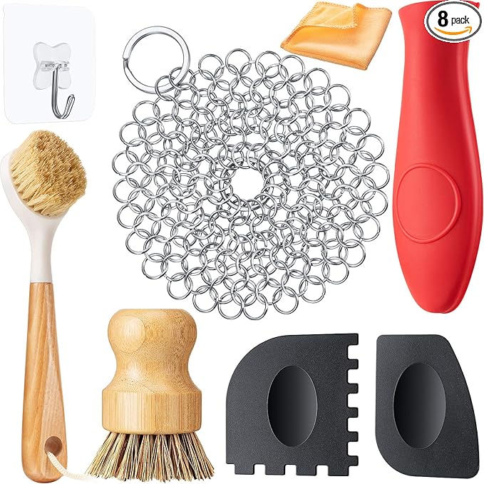 Patelai 8 Pieces Cast Iron Skillet Cleaner Care Kit Include Chainmail Scrubber, Bamboo Handle Dish Brush, Scrub Brushes, Pan Grill Scrapers for Cleaning Cast Iron Skillets, Pot & Pans(Orange)