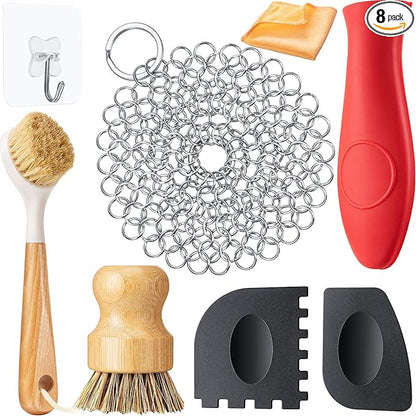 Patelai 8 Pieces Cast Iron Skillet Cleaner Care Kit Include Chainmail Scrubber, Bamboo Handle Dish Brush, Scrub Brushes, Pan Grill Scrapers for Cleaning Cast Iron Skillets, Pot & Pans(Orange)
