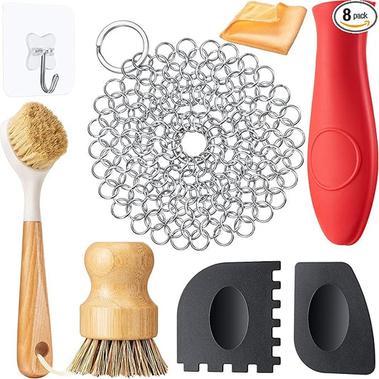 Patelai 8 Pieces Cast Iron Skillet Cleaner Care Kit Include Chainmail Scrubber, Bamboo Handle Dish Brush, Scrub Brushes, Pan Grill Scrapers for Cleaning Cast Iron Skillets, Pot & Pans(Orange)