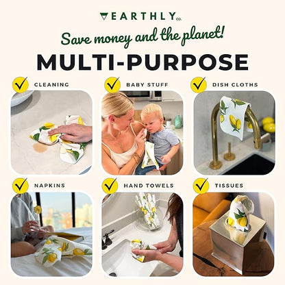 Reusable Paper Towels - 10 Pack - Roll of Washable Cotton Cloth Paper Towels - Paperless Reusable Napkins Cloth Washable - Absorbent + Long Lasting - Zero Waste Products - (Lemon)