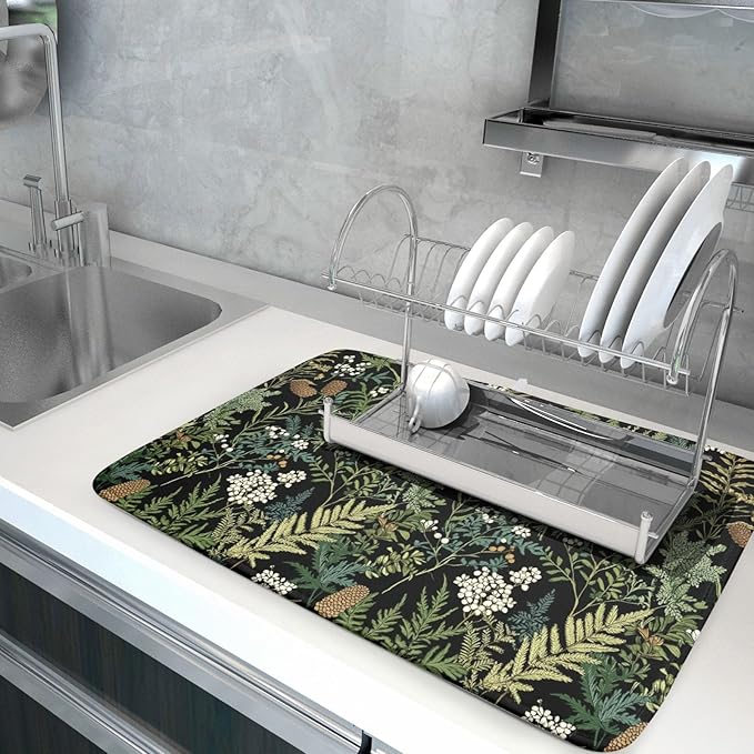 Green Plant Fern Leaves Floral Dish Drying Pad 18 x 24 Inch With Absorbent Reversible Microfiber Black Flower Botanical Leaf Vintage Drying Mats Dish Drainer Mat Fast Dry For Kitchen Dining Room