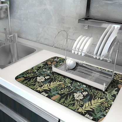 Green Plant Fern Leaves Floral Dish Drying Pad 18 x 24 Inch With Absorbent Reversible Microfiber Black Flower Botanical Leaf Vintage Drying Mats Dish Drainer Mat Fast Dry For Kitchen Dining Room