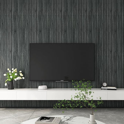 YENHOME 30"X118" Wood Slat Wallpaper Peel and Stick Wood Slat Wall Panel Waterproof Natural 3D Removable Wall Paper Black Contact Paper for Cabinets Shelves Vinyl Wrap for Countertops Furniture Walls