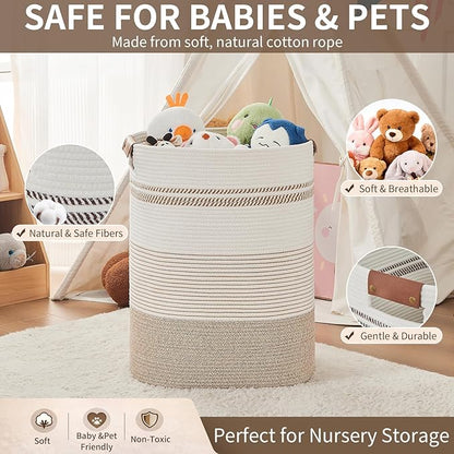 Laundry Basket with Handles - Blanket Basket & Hampers for Bedroom Aesthetic, Laundry Hamper & Blanket Storage for Living Room, Clothes Hamper, Tall, Large 17" x 14" x 22”, Light Brown & White