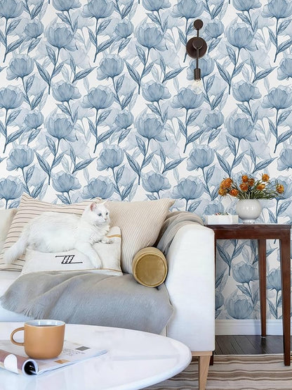 Heroad Blue Peel and Stick Wallpaper Boho Large Floral Contact Paper Modern Wall Paper Cabinets Waterproof Removable Self Adhesive Wallpaper for Bathroom Vinyl Roll 17.3"x393"