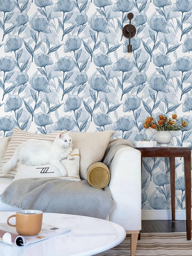 Heroad Boho Peel and Stick Wallpaper Blue Large Floral Contact Paper Modern Wall Paper Cabinets Waterproof Removable Self Adhesive Wallpaper for Bathroom Vinyl Roll 17.3"x196"