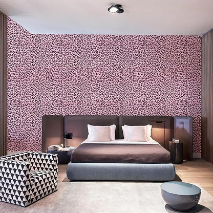 Leopard Print Peel and Stick Wallpaper, Waterproof Removable Self Adhesive Textured Wall Paper, Black and Pink Unique Funky Cheetah Contact Paper for Bedroom and Bathroom 120"X17.3"(14.4 sq. ft)