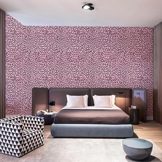 Leopard Print Peel and Stick Wallpaper, Waterproof Removable Self Adhesive Textured Wall Paper, Black and Pink Unique Funky Cheetah Contact Paper for Bedroom and Bathroom 480"X17.3"(57.6 sq. ft)