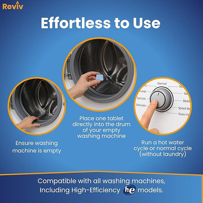 REVIV Washing Machine Cleaner Tablets – HE Compatible Descaler, 24 Count (12-Month Supply) – Septic-Safe for Front & Top Load Washers